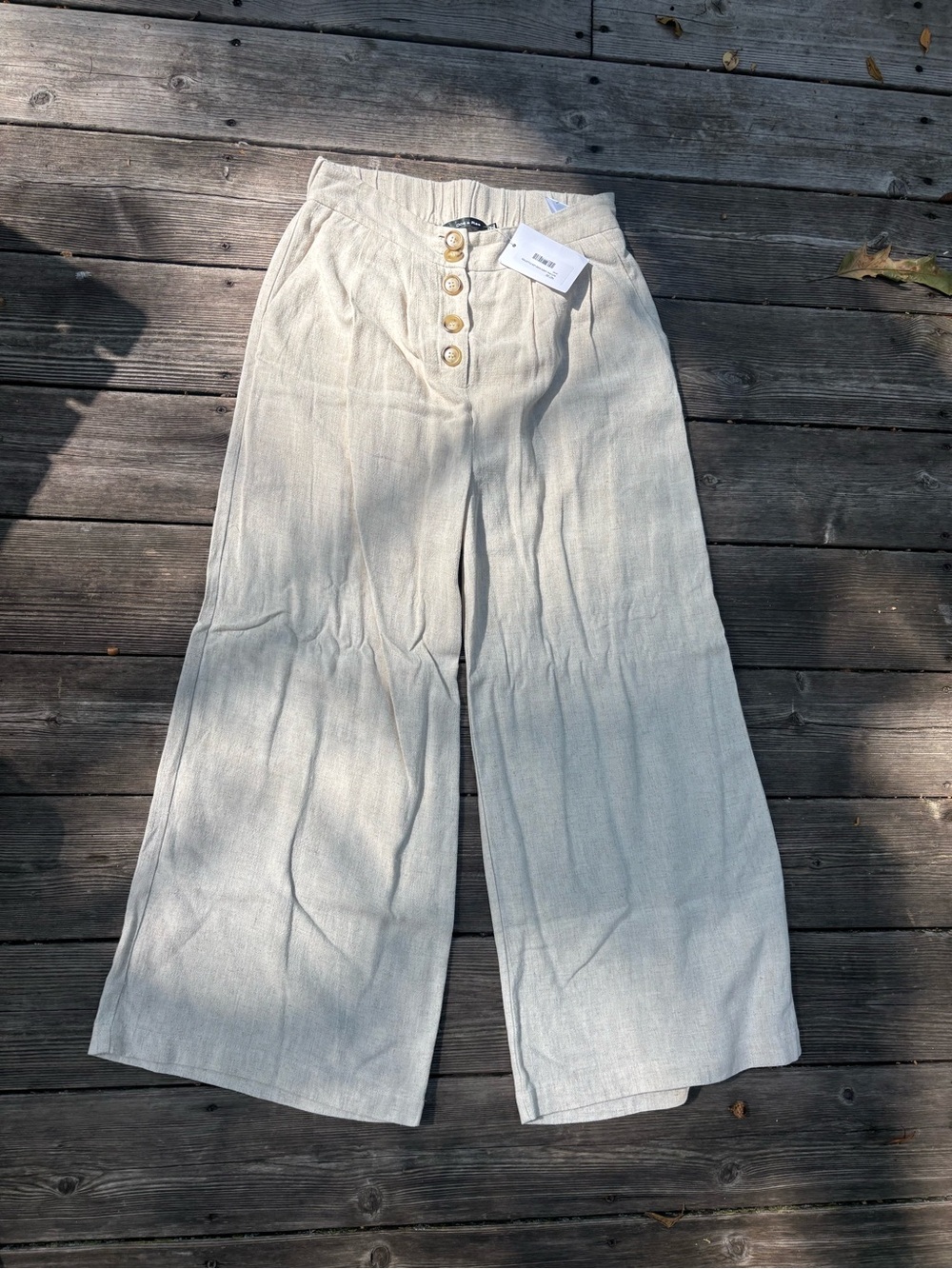 Doe & Rae Wide-Leg Button Front Pants in Light Neutral